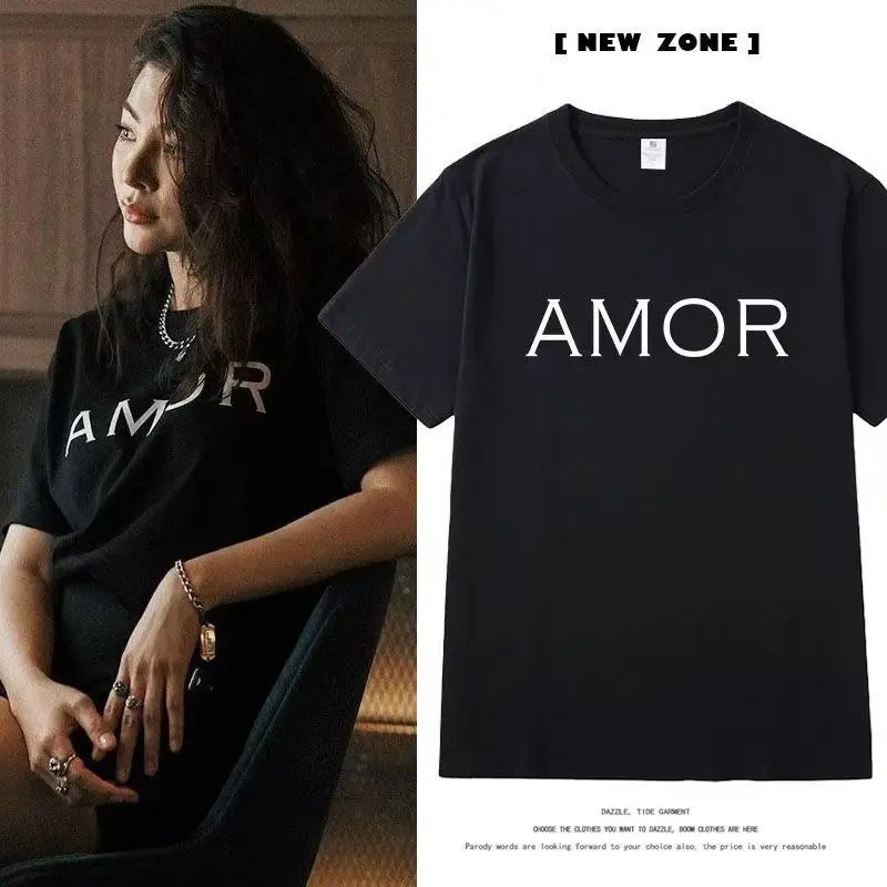 Thai Drama Love Filling Blank FayeYoko Same Letter printed short sleeved T-shirt for women's loose cotton upper garment fashion