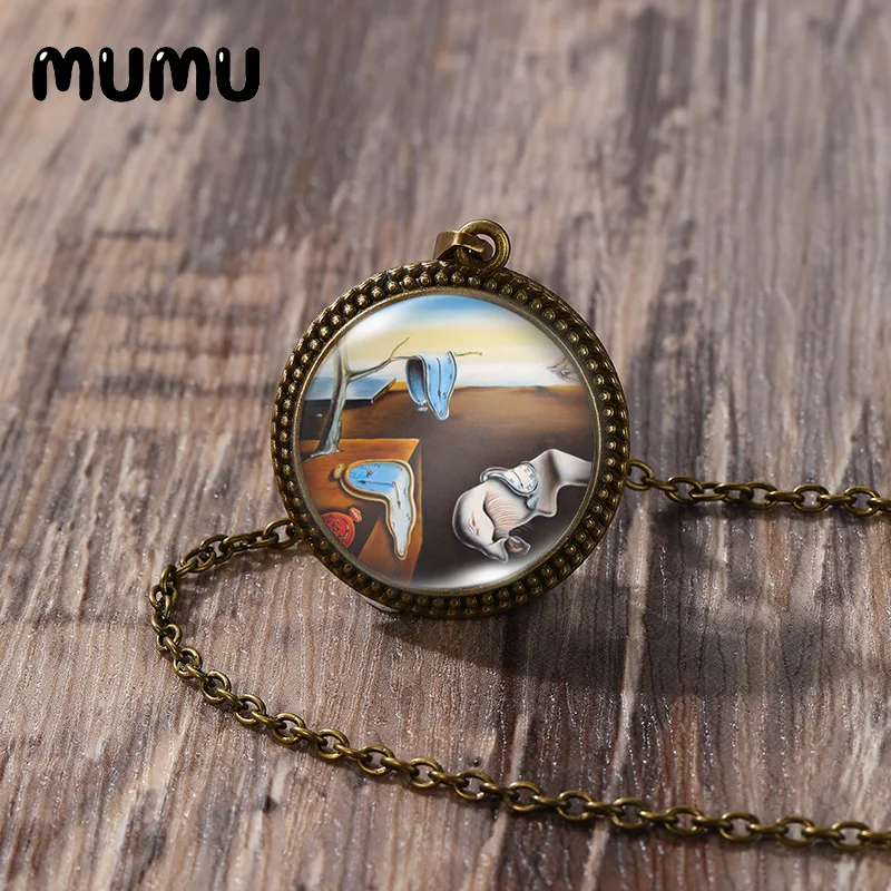 2023 New Salvador Dali Painting Necklace Abstract Clock Vintage Pendant Round Printed Photo Glass Dome Jewelry Handmade Items