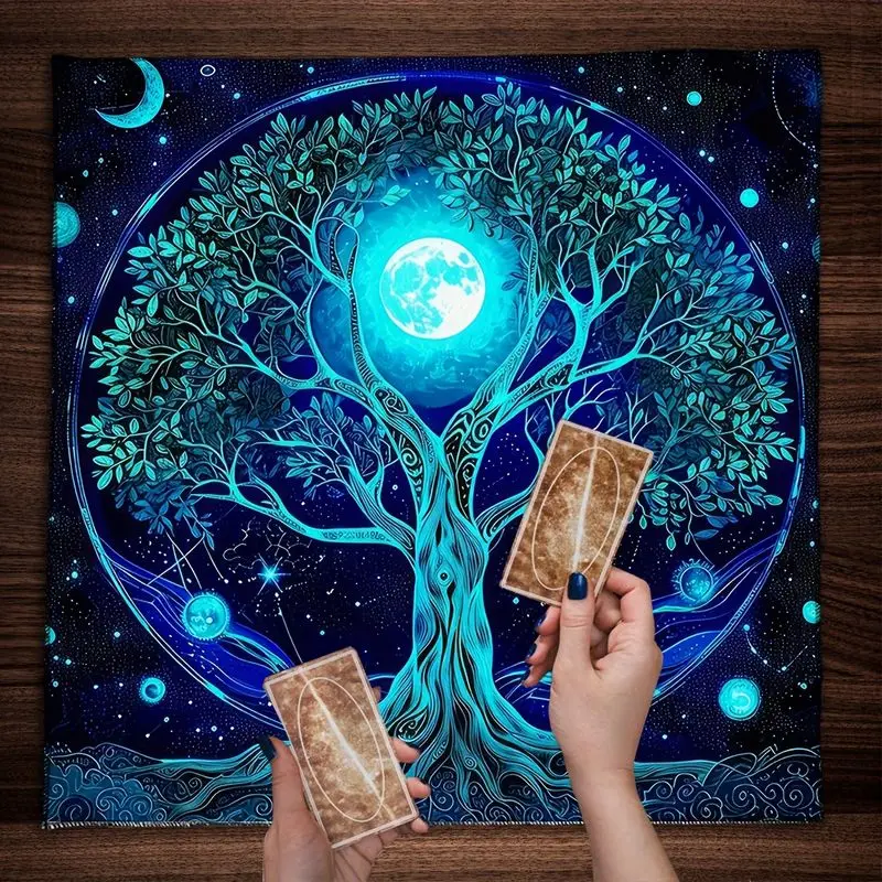 VIKAMA Deep Blue Tree of Life Full Moon Tarot Cloth, Ceremony Altar Mat for Card Divination