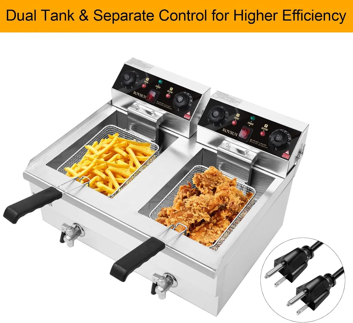 Deep Fryer w/Frying Baskets Timer Drains & Lids, 3400W Dual Tank Kitchen Countertop Commercial Deep Fryer Frying Machine, Adjust