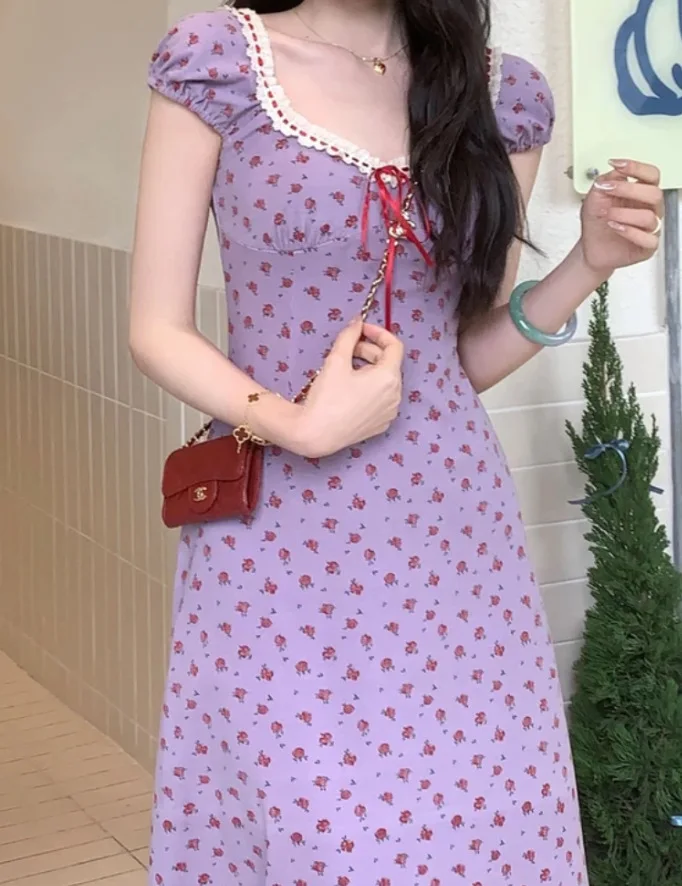 Korean version pure desire girl floral dress temperament design niche gentle slimming knit skirt