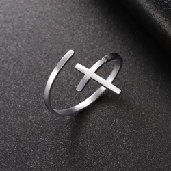 COOLTIME Christian Cross Ring for Women Stainless Steel Adjustable Geometric Crucifix Rings Minimalist Christ Jesus Jewelry Gift