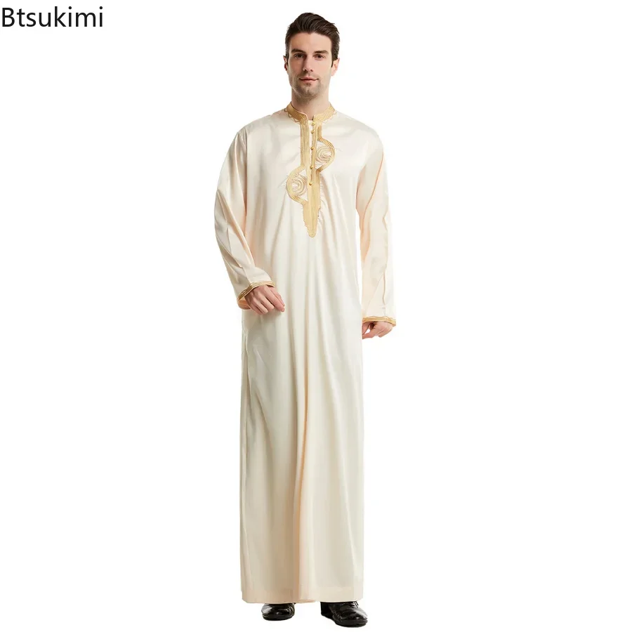 Muzułmańska odzież męska Kaftan Szaty Długie rękawy Stójka Kołnierzyk Eid Thobe Kurta Arabska turecka sukienka Dubaj Islam Habit Etniczny wypoczynek