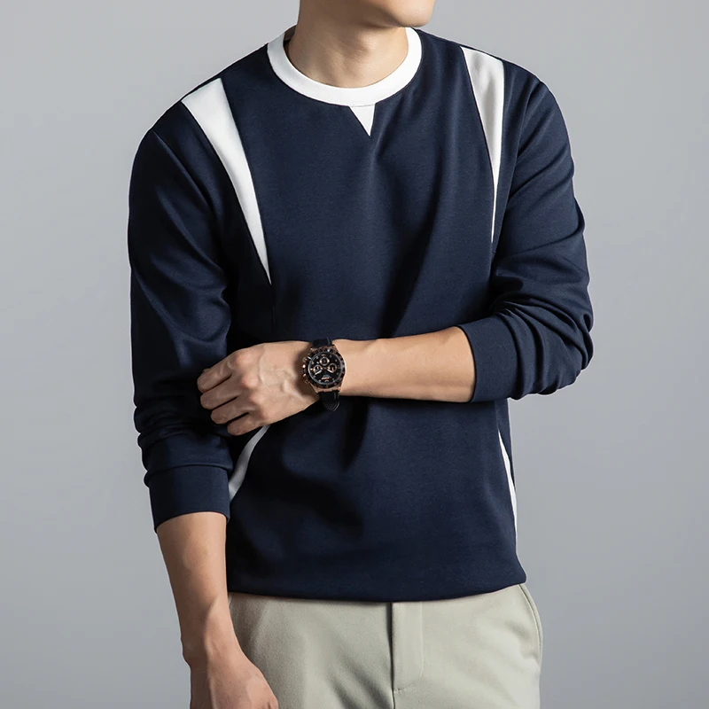 

New Korean Heavy Cotton Tees 2025 Autumn Trendy O-Neck Patchwork Tops Long Sleeve Male Fashion Cotton T-shirts