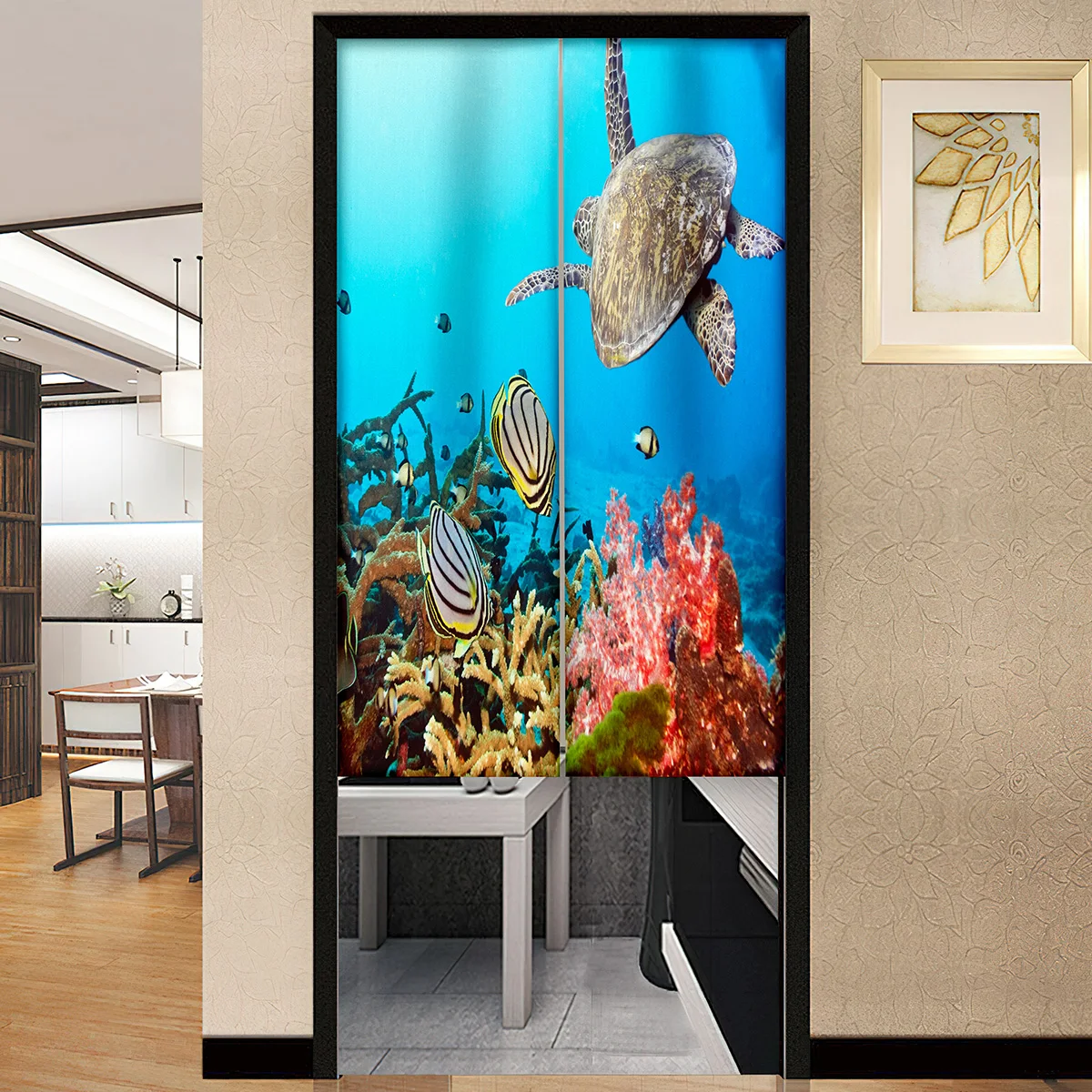 Underwater Fish Fishes Ocean Sea Tropical Reef Turtle Door Curtain No Punching for Living Room Bedroom Kitchen Doors Home Decor