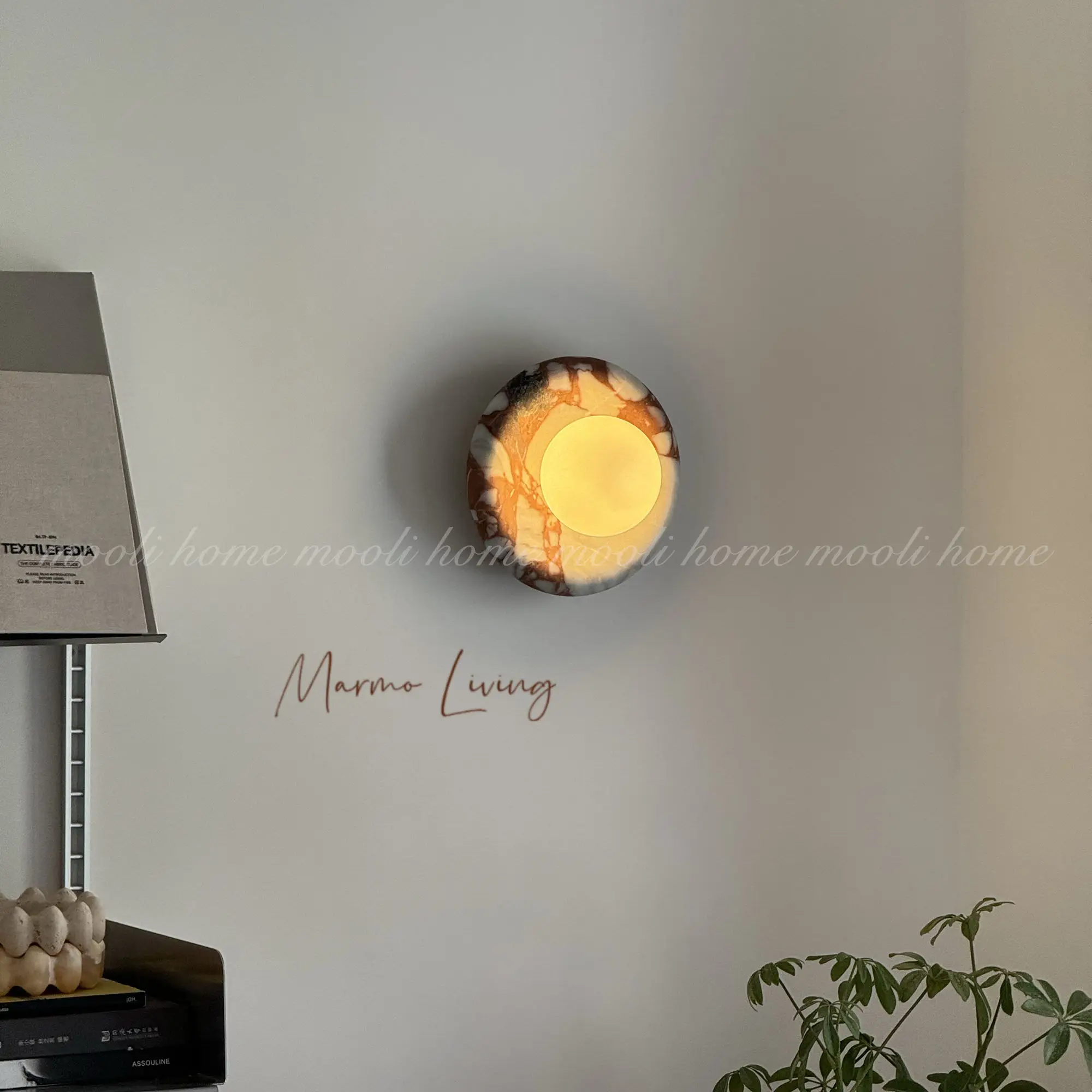 D14cm Calacatta Red Stone Lamp 100% Natural Marble Wall Lamp Wabi Sabi Lamp for Designer Villas