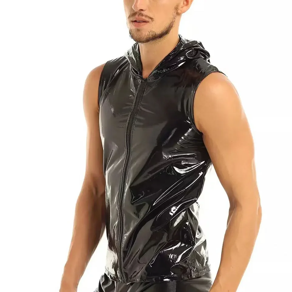 Large Size Men's Mirror Leather Vest Bright Leather Hooded Sleeveless Vest T-Shirt Tights Men's