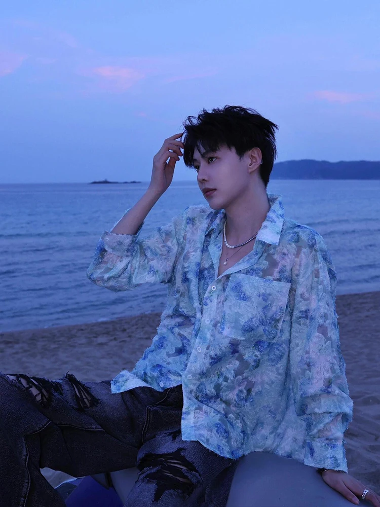 

Blue Floral Tassel Long Sve Men's irt Thin Summer Sle Trendy Outfit Loose Fit Youthful Spring Cotton Blend