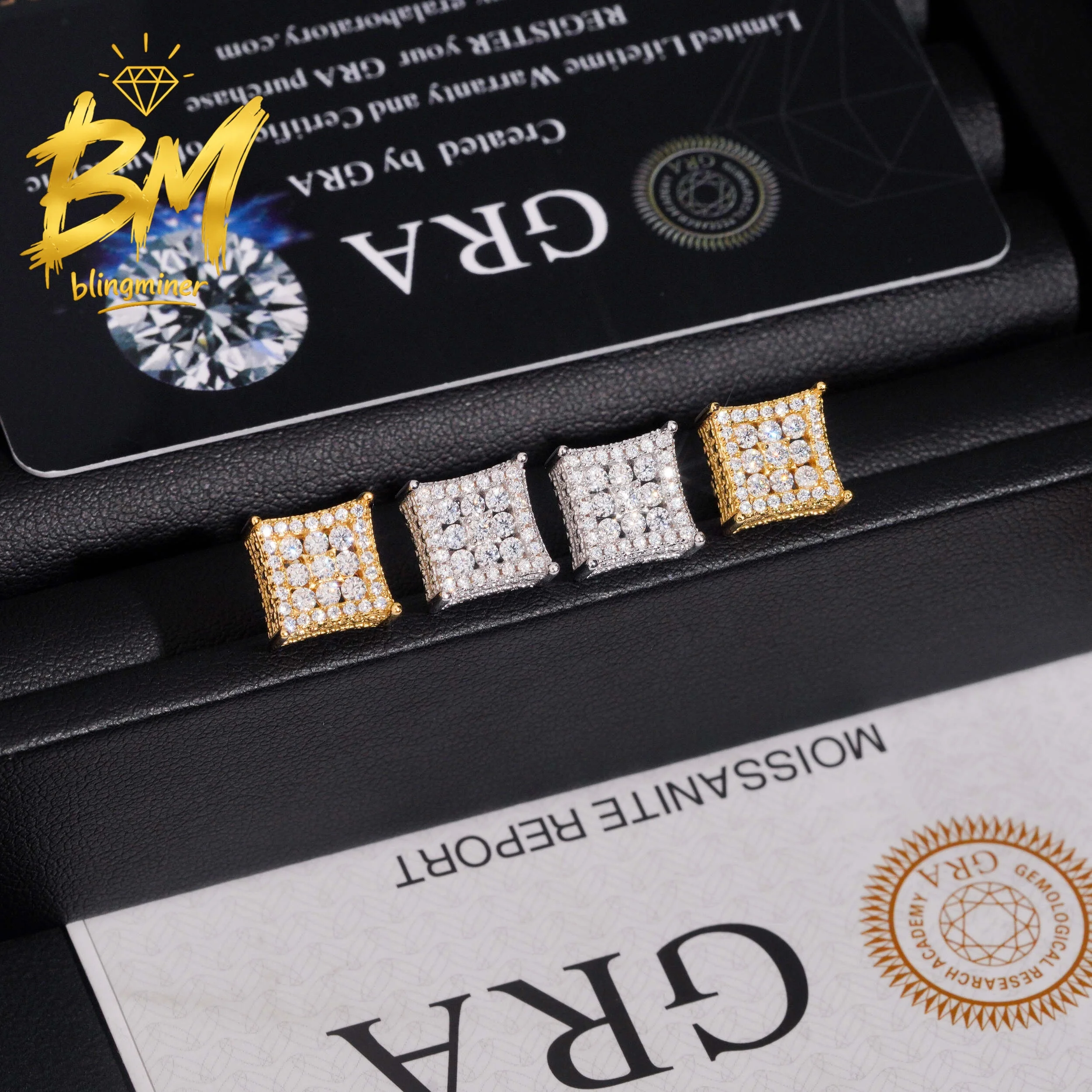 Blingminer Square Iced Out 10mm S925 Silver VVS Moissanite Earrings For Men Women Ear Studs Jewelry Pass Diamonds Tester GRA