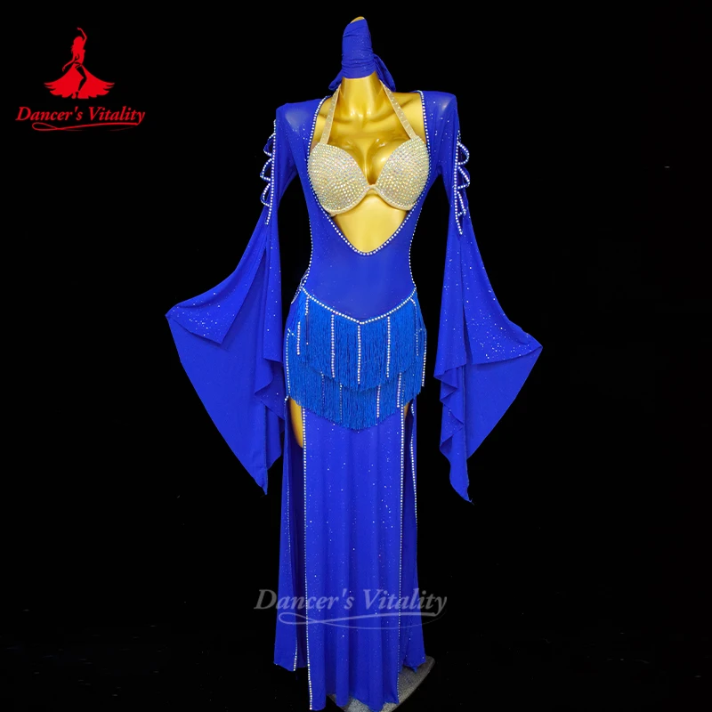 Roupões de desempenho de dança do ventre para mulheres sexy franja robe + sênior ab pedras sutiã + lenço 3 pçs adulto shaabi balady saidy outfit