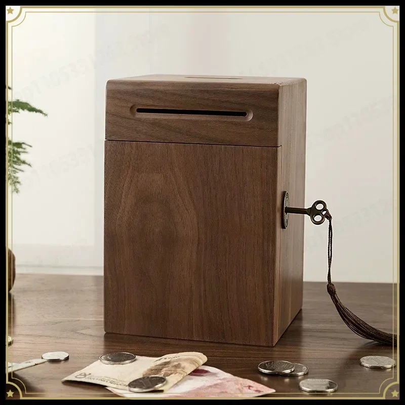 Solid Wood Savings Box with Lock, Creative Coin Bank for Adults, Secure Money Storage Jar for Home Gift