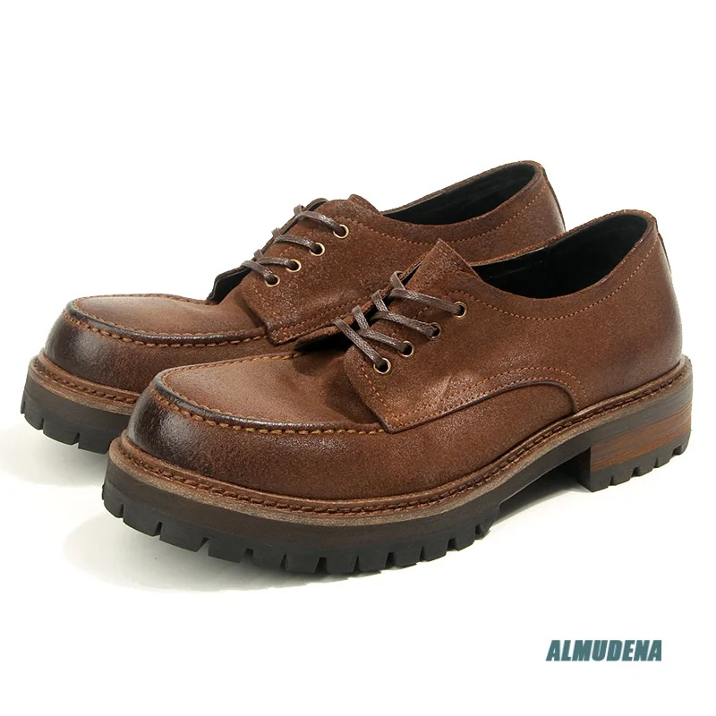 Brown Platform Oxford Shoes Men's Round Toe Lace-Up Vintage Daily Office Casual Outdoor Autumn Winter Street Style Fashion Shoes