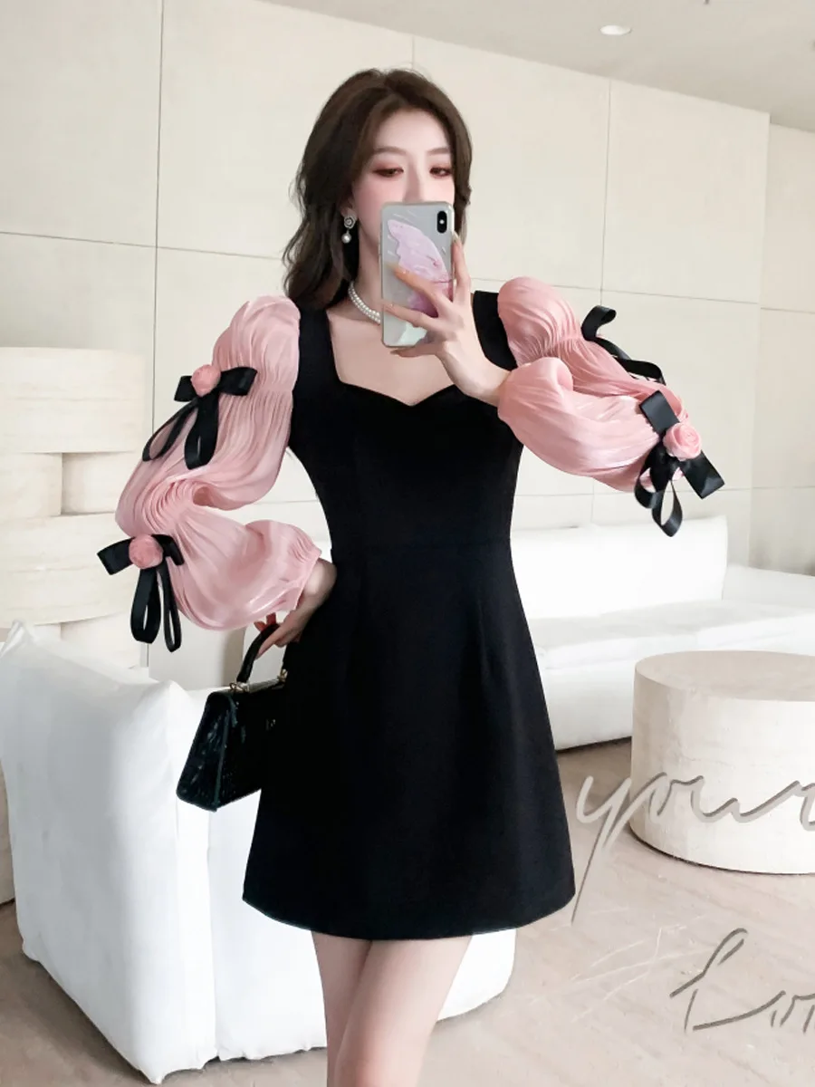 

Женская элегантная черная мини-юбка с 3D розовыми цветами и бантом, розовое короткое платье с пышными рукавами, осенние шикарные офисные женские наряды для поездок на работу