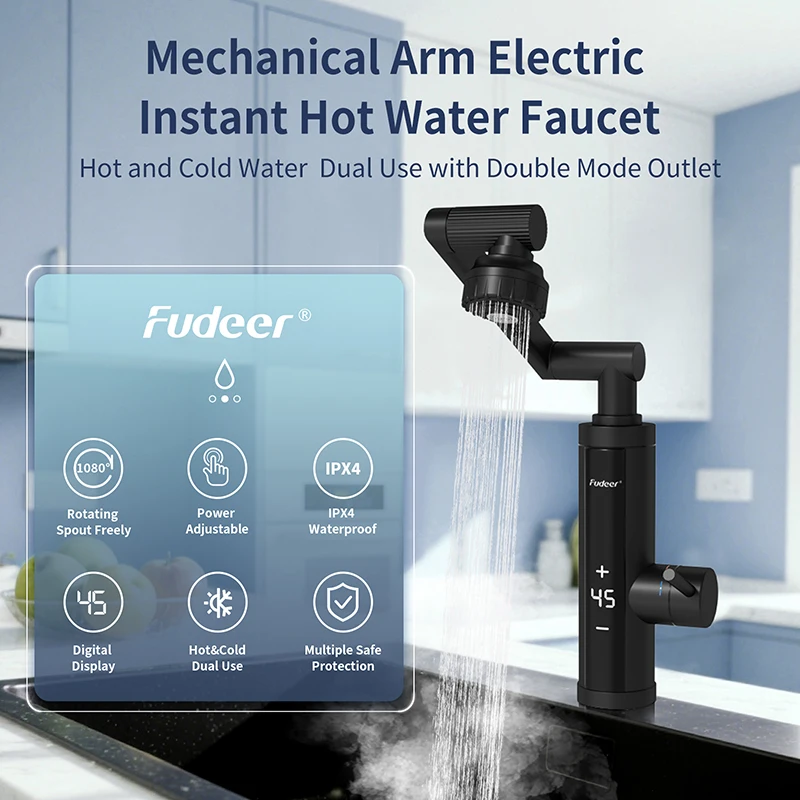 Fudeer Hot Water Tap Black Electric Instant Water Tap for Sink Stainless Steel Hot Water Heater Under Sink 3400W for Kitchen