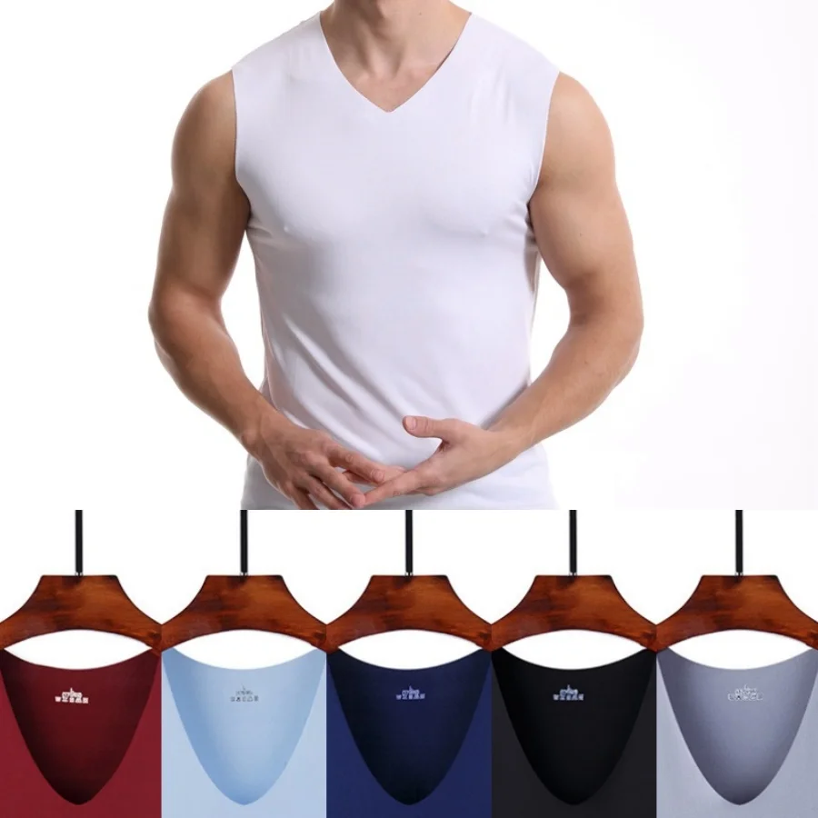 5Pcs Summer Men Vest Silk Tank Tops Seamless Sleeveless Sport Bodysuit Vest For Mens Clothing Casual Tank Undershirts Cool Gym