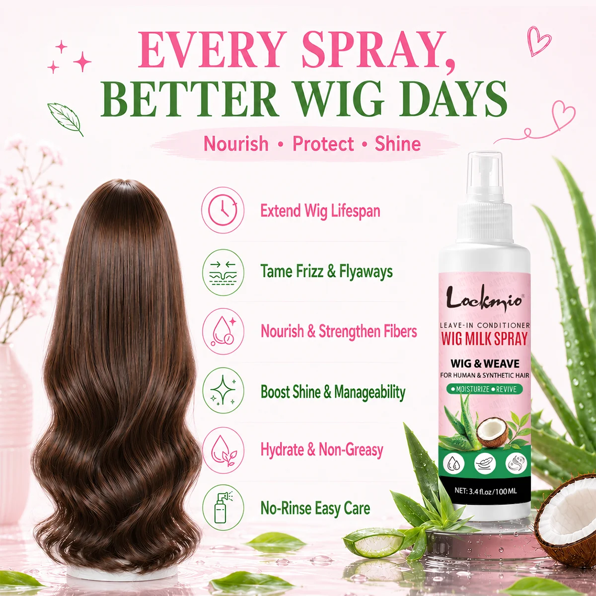 LOCKMIO Wig Milk Spray Moisturizing Hair Care Spray for Wig Synthetic Hair Leave-in Conditioner for Wig Smoothing Frizzy & Shine