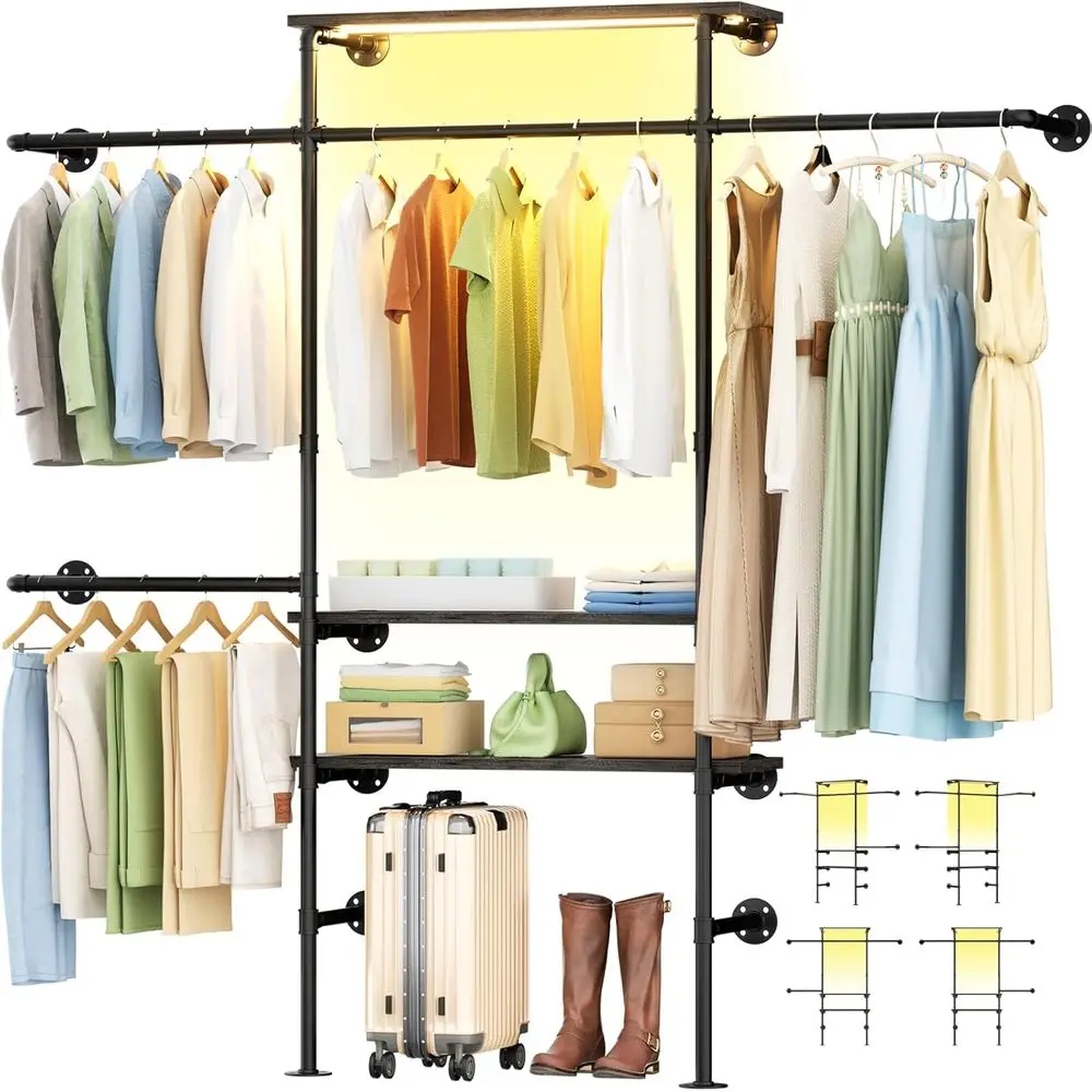 7.25FT Reversible Wall-Mounted Heavy Duty Clothes Rack with LED Lights and Shelves, Grey