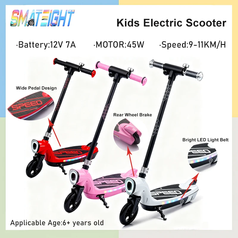 Hulajnoga elektryczna dla dzieci ze stojakiem, dzwonkiem, hamulcem tylnym, szerokimi pedałami, antypoślizgowym uchwytem, kolorowymi światłami LED, szybka zabawka dla dzieci w wieku 6+