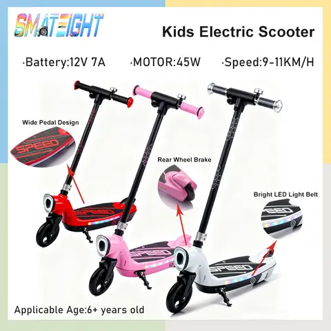 สกู๊ตเตอร์ไฟฟ้าสำหรับเด็ก พร้อมขาตั้ง กระดิ่ง เบรกหลัง ที่วางเท้ากว้าง ด้ามจับกันลื่น ไฟ LED สีสันสดใส ความเร็วสูง ของเล่นสำหรับเด็กอายุ 6 ปีขึ้นไป