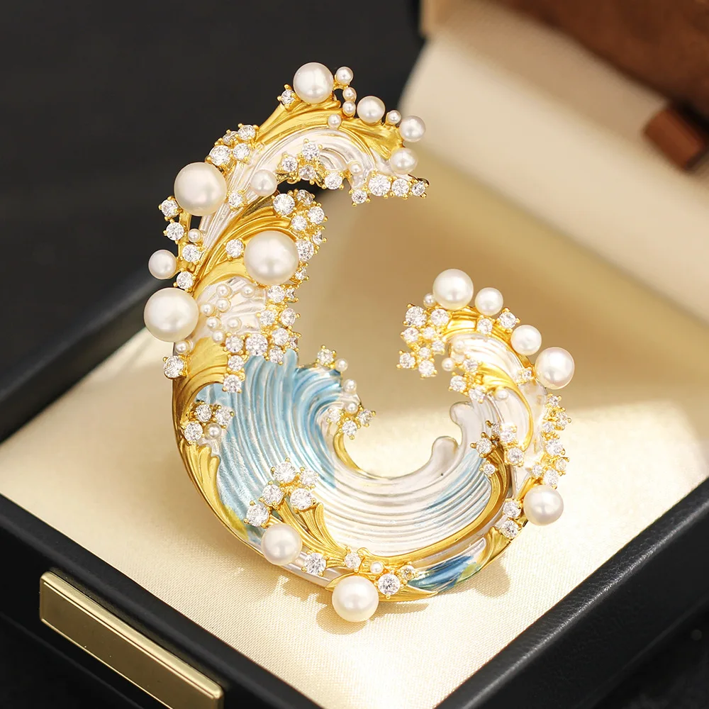 Chinese Style Lucky Blue Enamel Ocean Wave Brooch For Women Natural Freshwater Pearl Inlaid Rhinestone Gold Plated Good Fortune