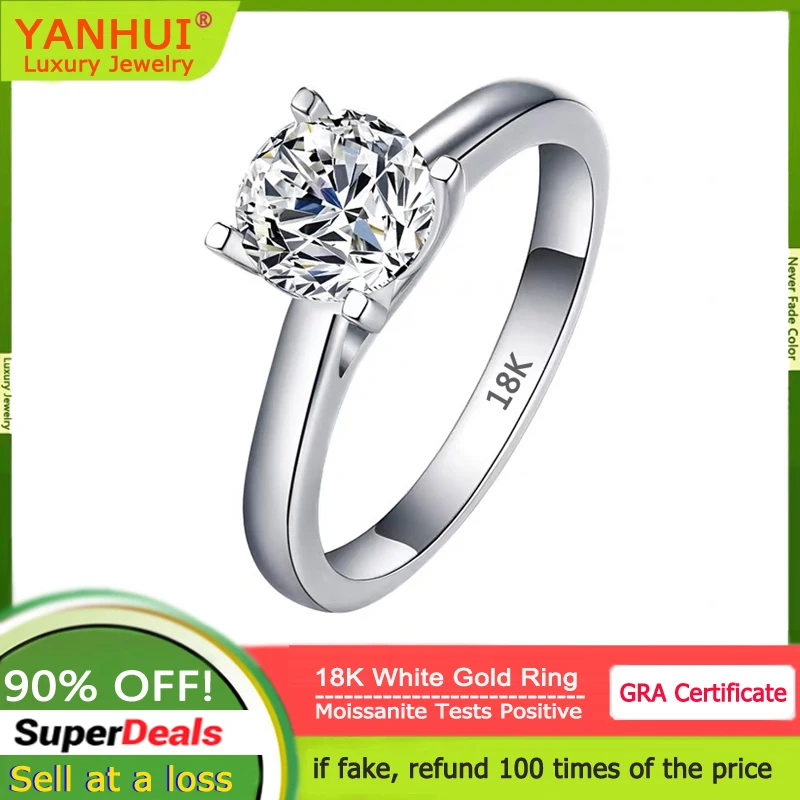 

YANHUI With Credentials 18K White Gold Rings Solitaire VVS 1 Carat Moissanite Diamond Rings for Women Wedding Band Fine Jewely