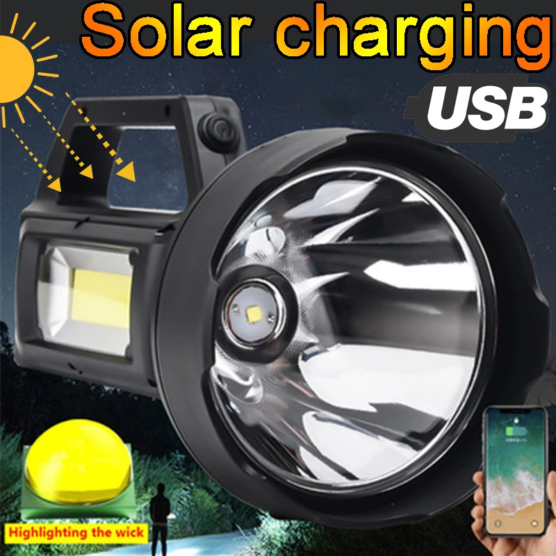 

D2 Camping Flashlights Powerful Double Light Source Hand Lamp USB Quick Charge Solar Charging Portable Tactical Torch For Hiking