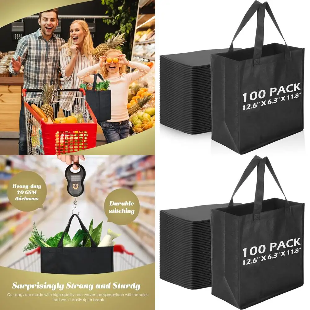 

100 Pack Reusable Non-Woven Tote Bags - Durable Grocery Bags for Shopping & Retail (Black)