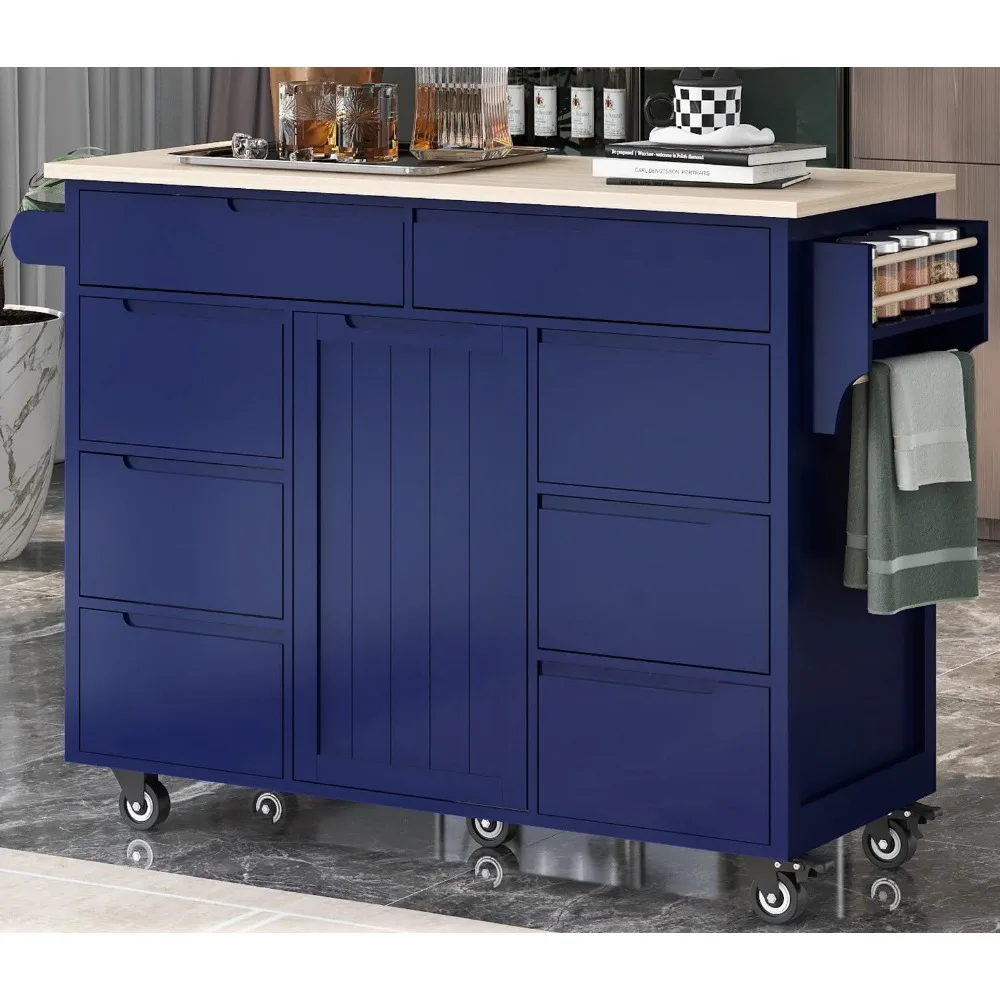 

Depth Kitchen Cart with Rubberwood Countertop on 5 Wheels, Rolling Kithcen Island with Storage Cabinet & 8 Handle-Free Drawers