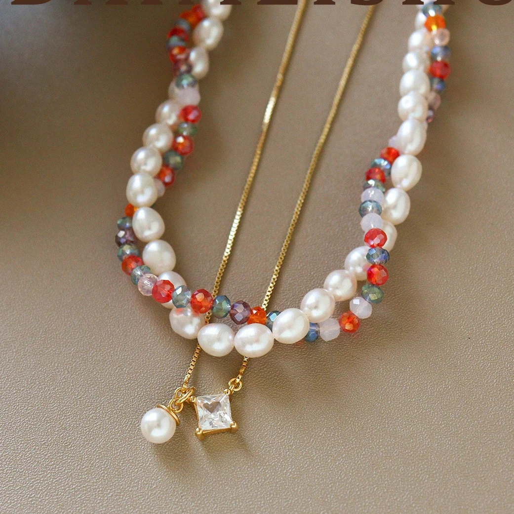 Fashion Exquisite Colorful Glass Beaded Freshwater Pearl Strand Necklace Light Luxury Niche Temperament Versatile Stackable Chai