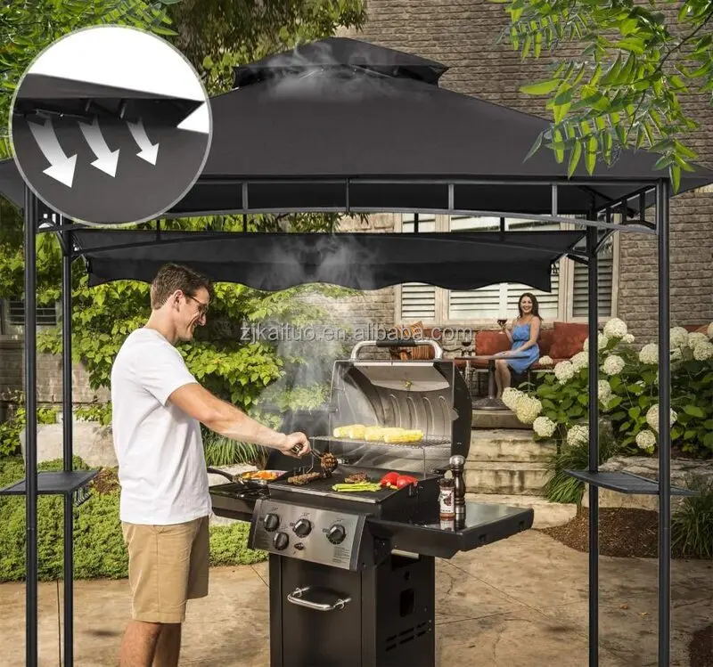 1 Piece MOQ  Soft Top Double Tiered Grill Patio Canopy with Extra Awning Bar Shelves and Hooks for BBQ Garden Party