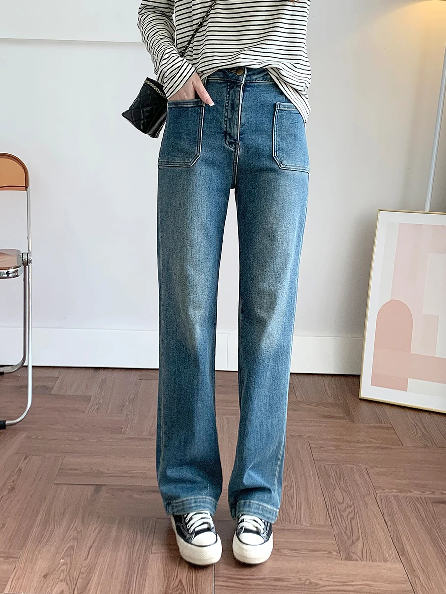

Faionable Straight Leg Cosite Cotton Wide Leg Jeans Women's Autumn Winter Double ket l Waist Zipper Closure