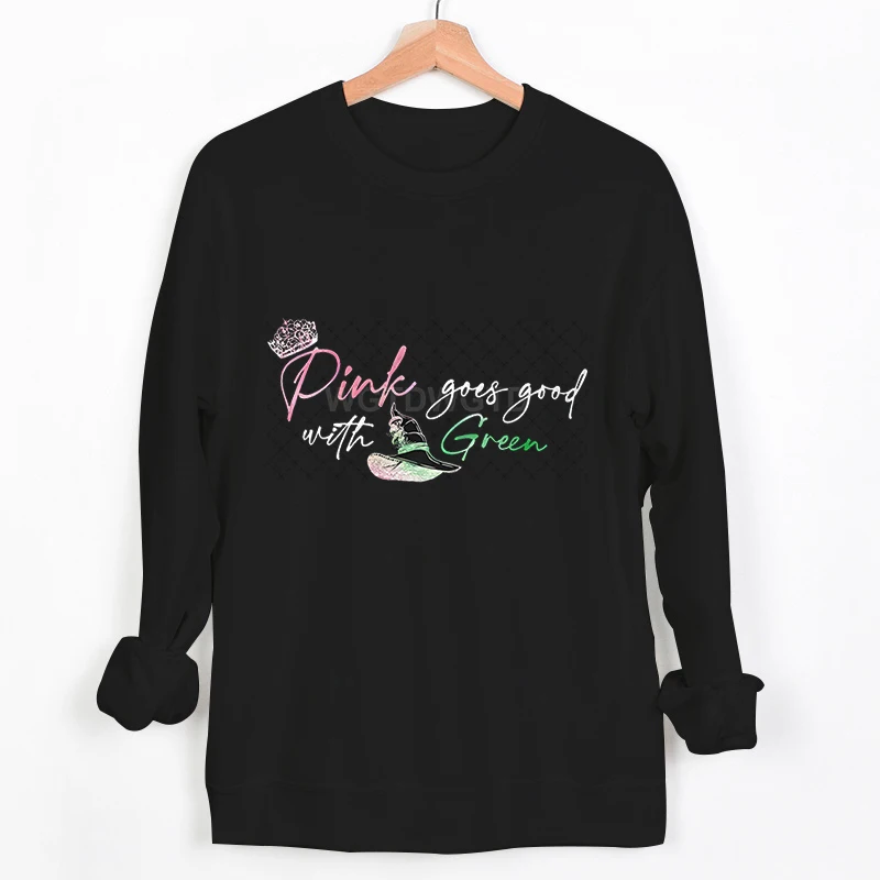 Pink Goes Good with Green Letter Print Creative Witch Hat Sweatshirts Women Long Sleeve Hoodies Wicked Change for Good Pullover