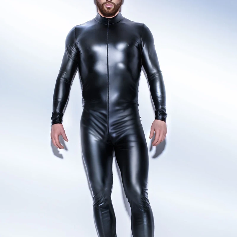 

S-5XL Mens Undershirts PU Leather Catsuit Front Zipper Over Crotch Bodysuit Fetish Costume Nightclub Leotard Wrestling Singlet