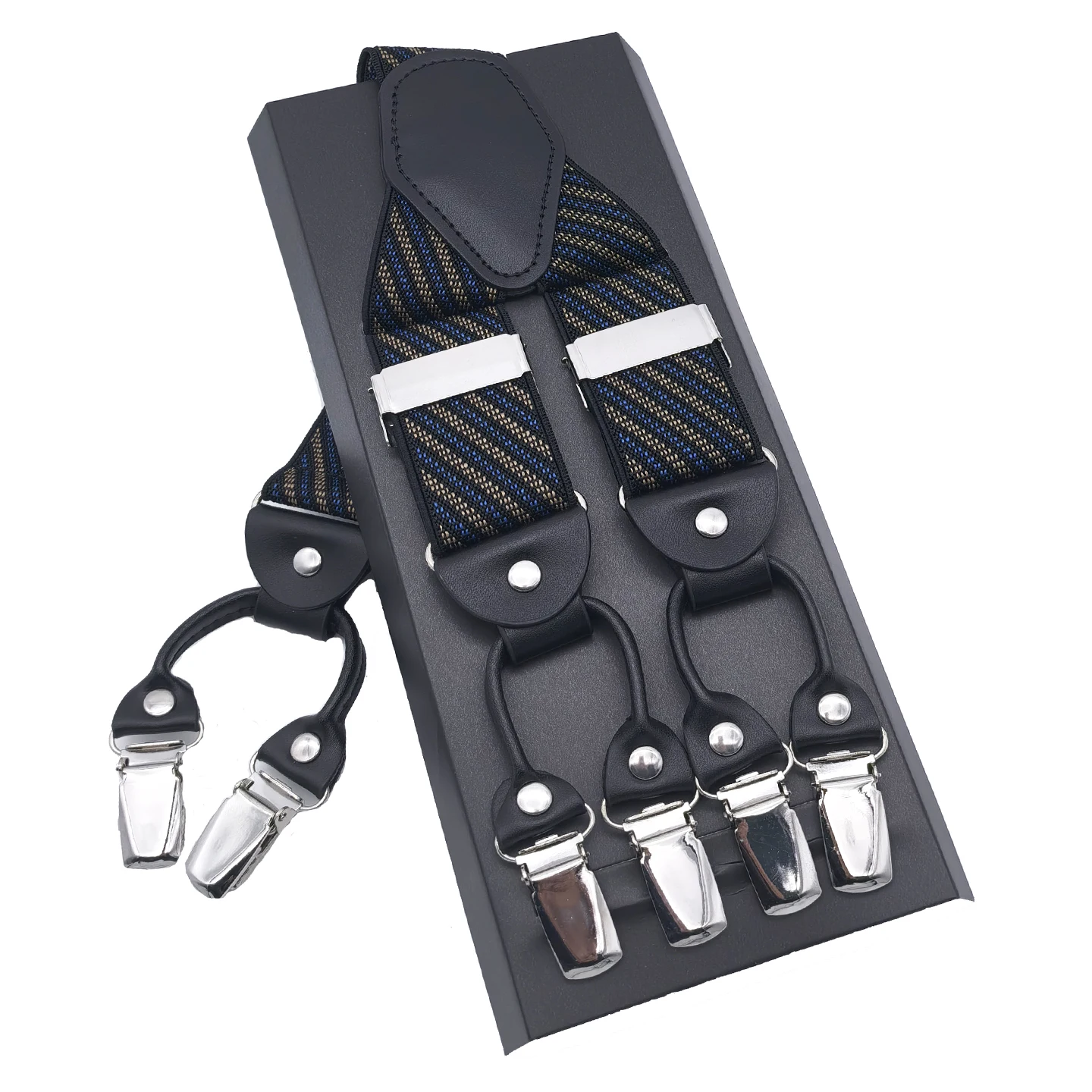 New Man' Suspenders Black leather 6 Clips Braces Vintage Casual Suspensorio Tirante Trousers Strap bretele Father/Husband's Gift