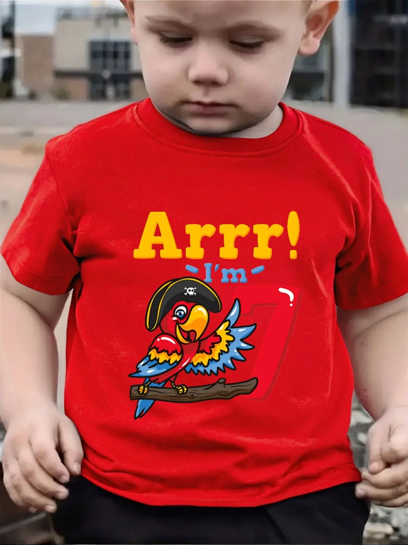 Cute Pirate Parrot Seventh Birthday Cartoon Print T Shirt Boys Girls Tee Parent Child Casual Top Mom Dad Kids Summer Daily Wear