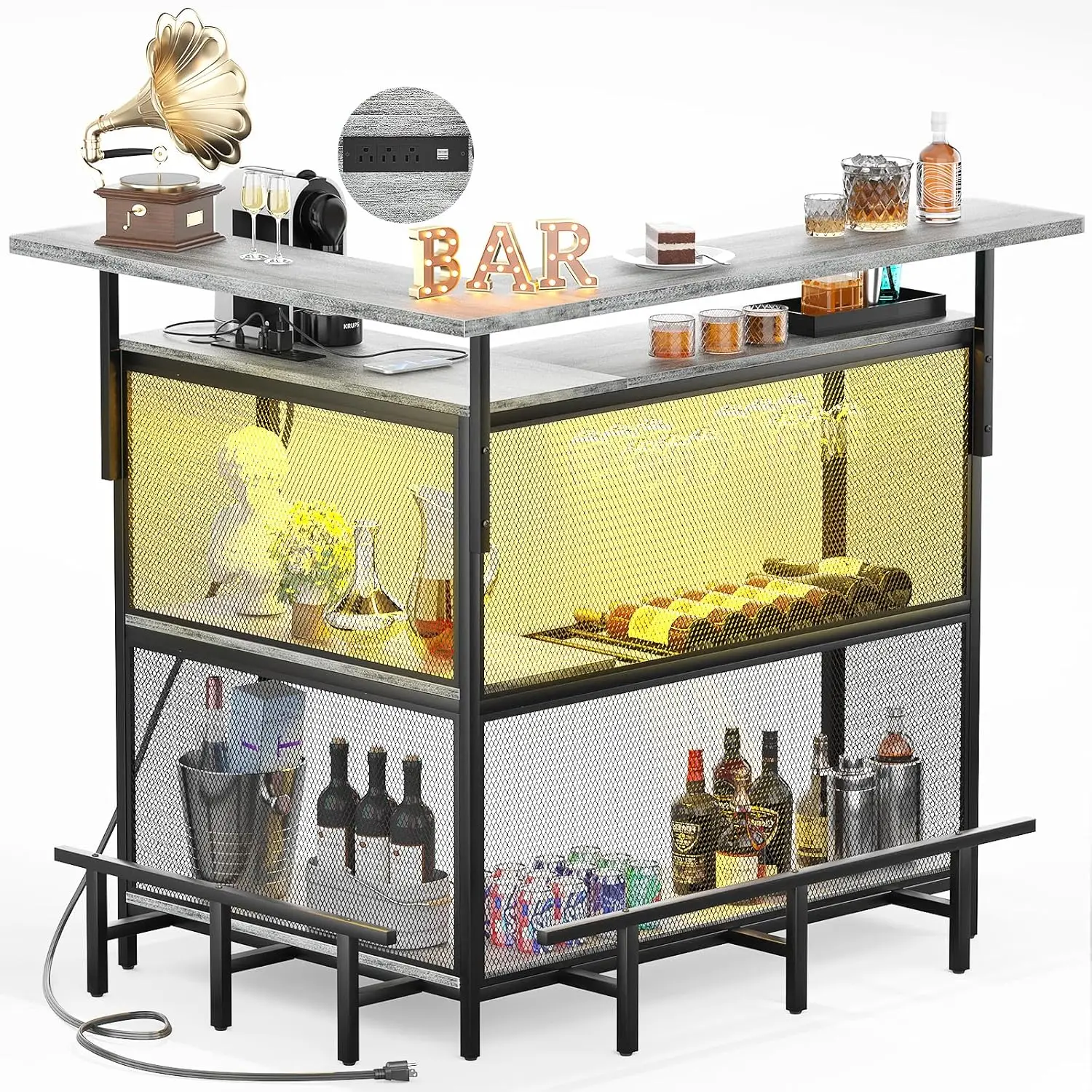 Bar à domicile en forme de L avec prise de courant et lumière LED, armoire de bar d'angle avec repose-pieds, français ou armoire avec verre à vin T1,