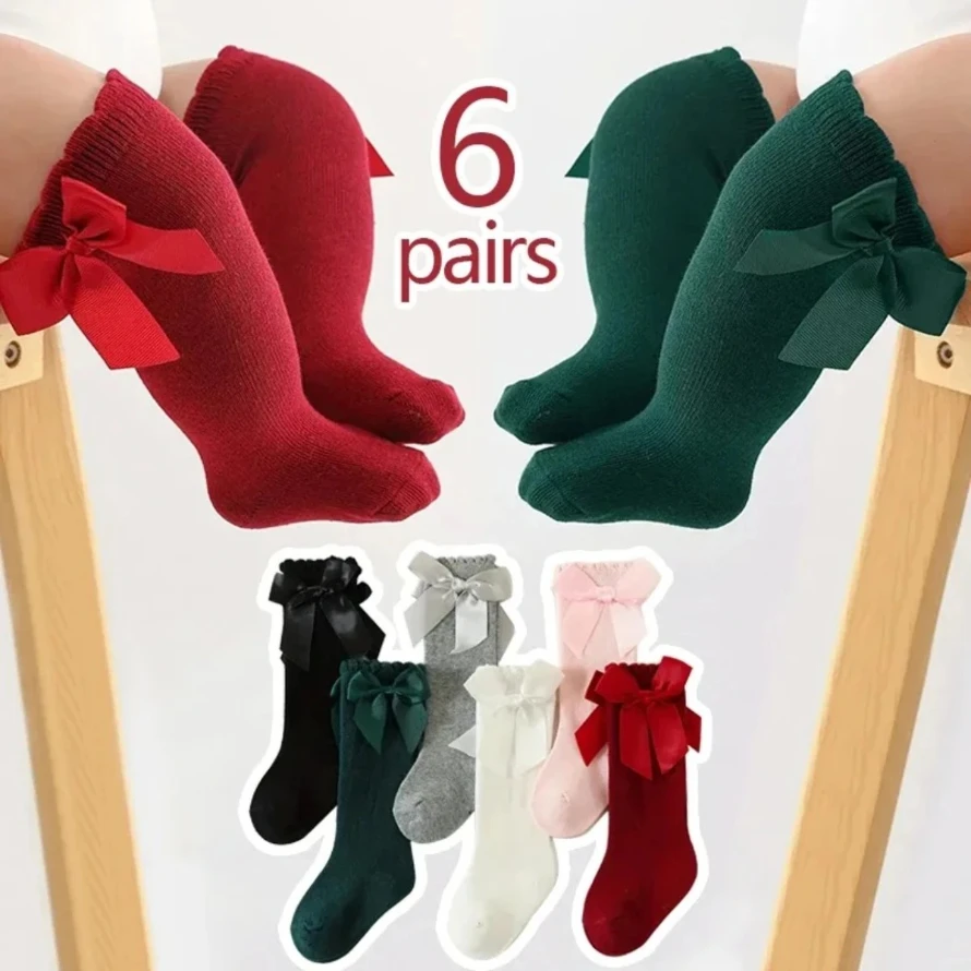 6 Paar neue Kinder-Mädchen-Socken mit großen Schleifen, kniehohe Prinzessinnensocken für Mädchen, Kleinkinder, Babys, Baumwollsocken, lange Röhre, Kindersocken, Ch