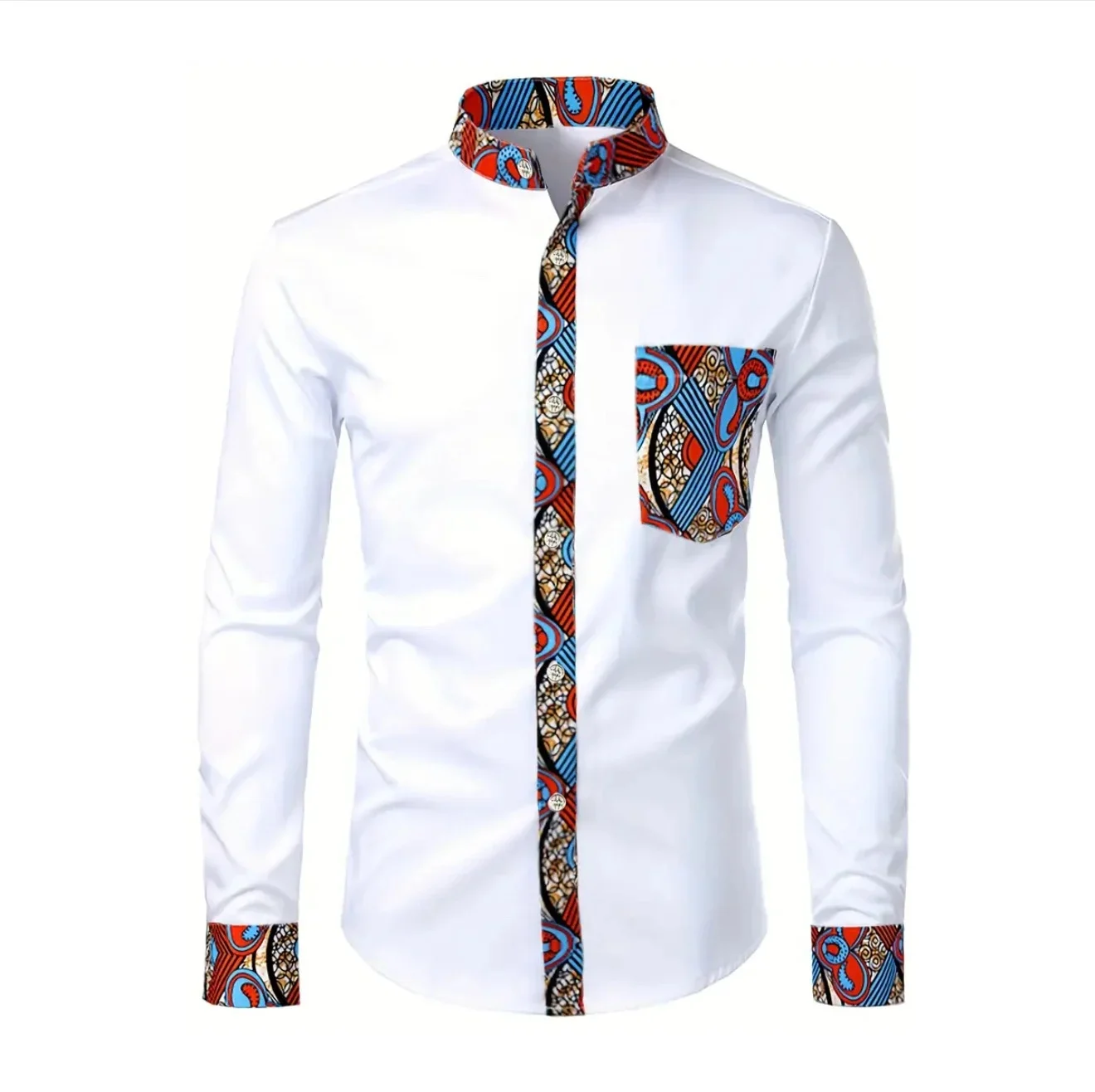 

2025Dashiki African Mens Shirt Patchwork Pocket Africaine Print Shirt Men Ankara Style Long Sleeve Design Collar Mens Dress Shir