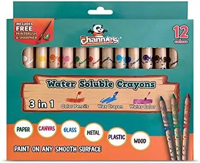 

3 in 1 Water Soluble Crayons for Kids: Wax Crayons, Color Pencils & Water Color, Free Brush & Sharpener, 12 Colors
