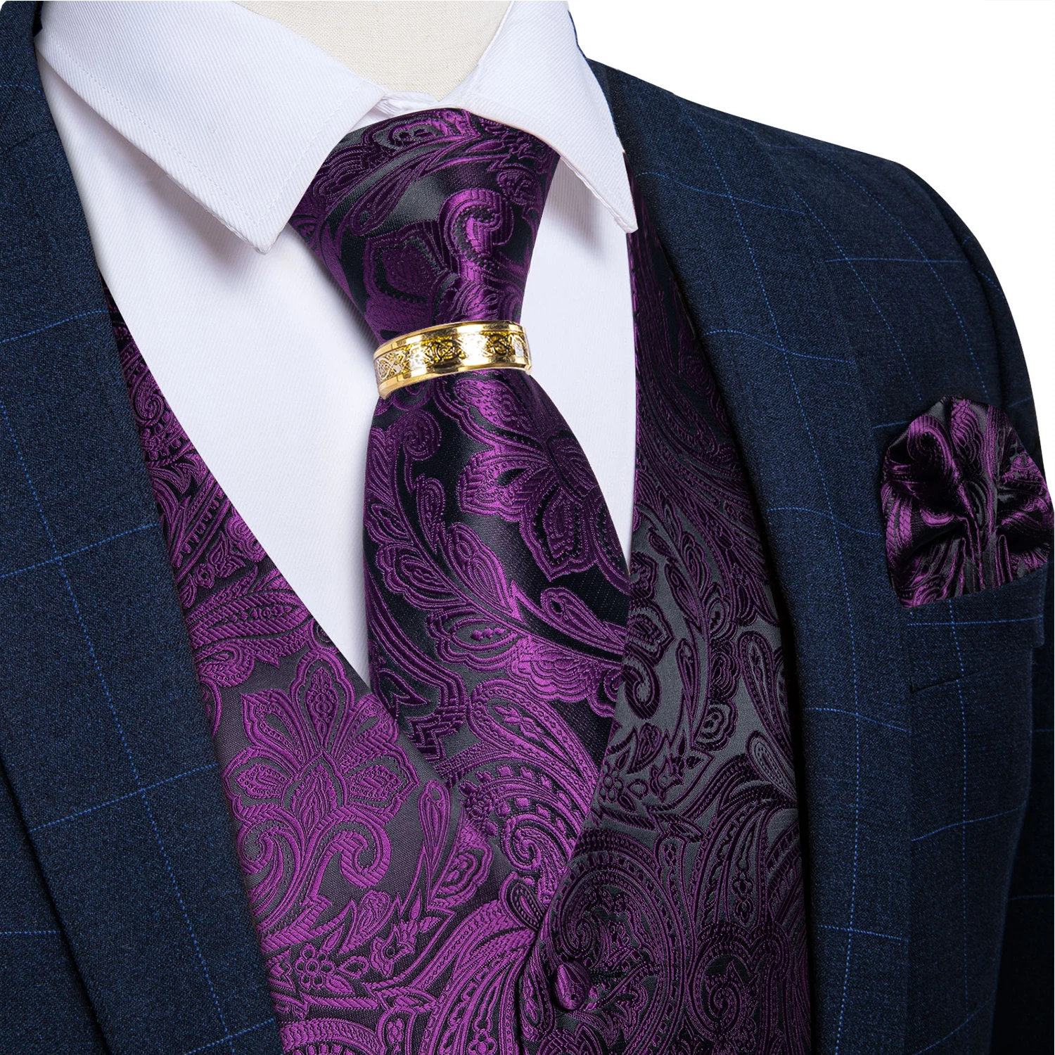 Purple Paisley Suit Vest For Men Wedding Tuxedo Silk Waistcoat Neck Tie Pocket Square Cufflinks Set Men's Clothing Blazer Vest