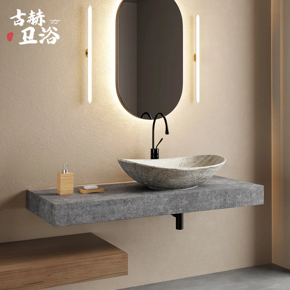 Luxury Elliptical Stone Vessel Sink for Bathroom Vanity, Creative Art Basin for Hotel Rustic Vanity Top Washbasin