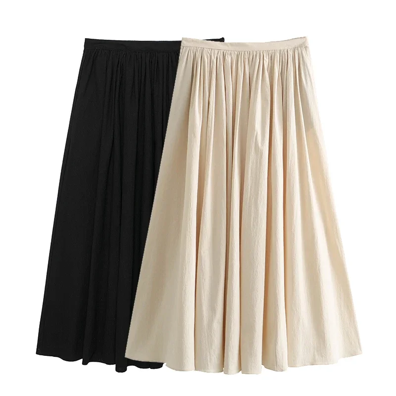 

Women Fashion Solid Pleated Front Slit Midi Skirt Vintage Mid Waist A-Line Female Chic Lady Skirts