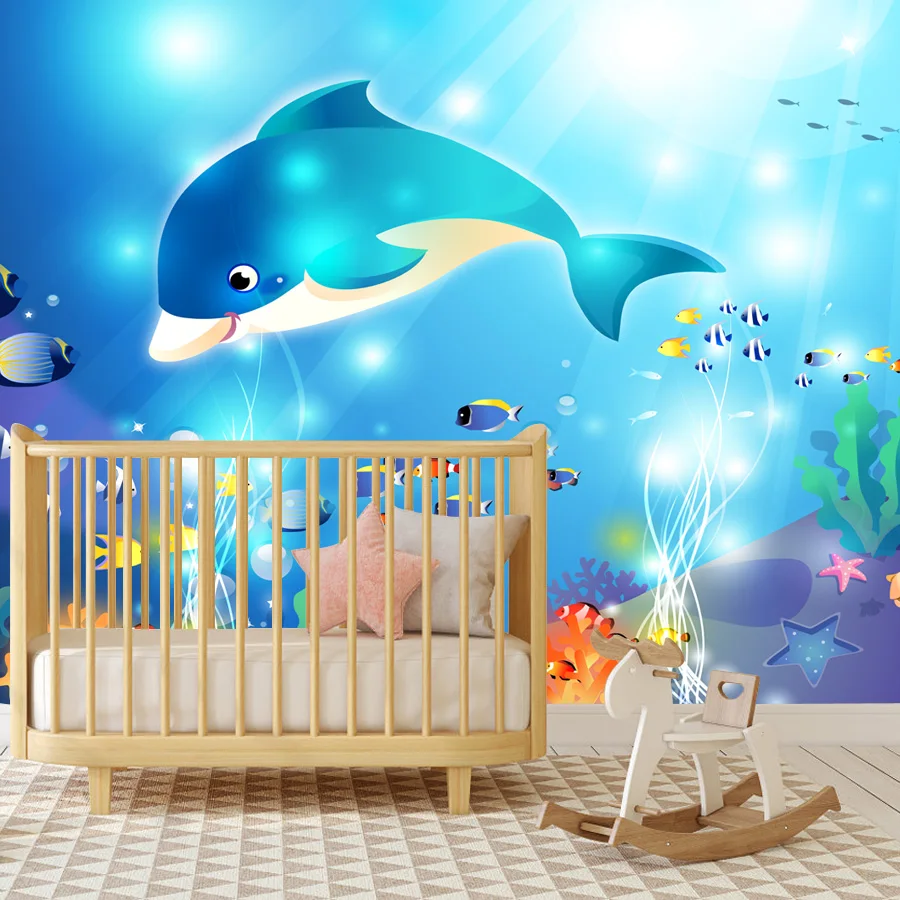 Aangepaste Zelfklevende Optionele Wallpapers Voor Slaapkamer Kinderen Babykamer Zee Wereld Dolfijn Tv Contact Muur Papieren Home Decor Prints