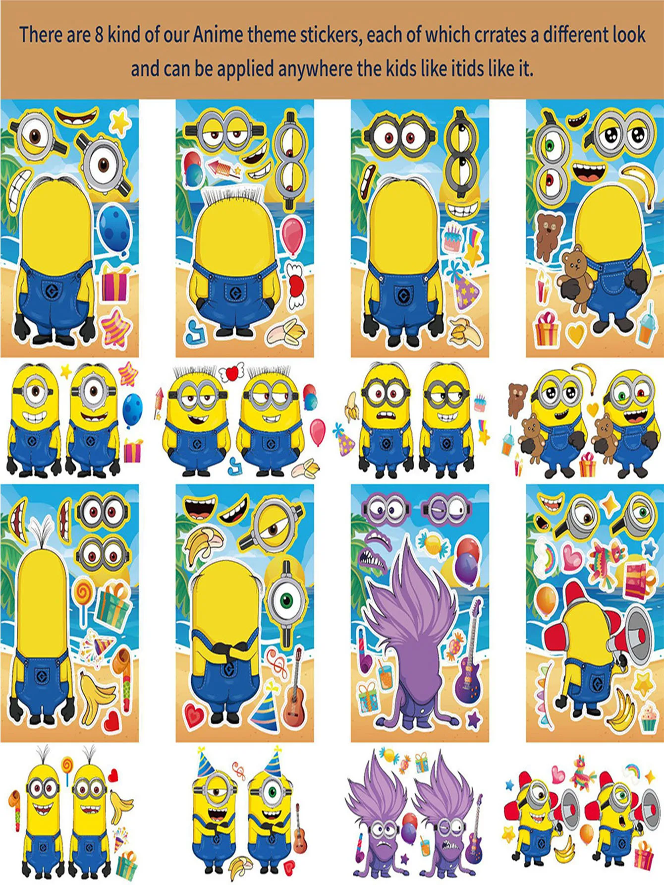 Minions 8/16/24Pcs Minions Themed Stickers Suitable for Birthday Decorations, Cute Big-Eyed Stuart+Bob+Kevin Creative Face-Changing Stickers for Phones and Suitcases, DIY Stickers, Suitable for Birthday Parties, Hallow