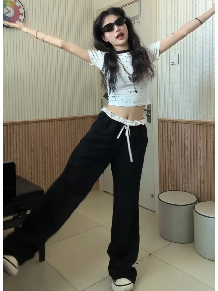 American Style High Waist Loose Fit Drawstring Casual Sport Pants Women Summer New Design Sense Trousers Wide Leg Long Pants