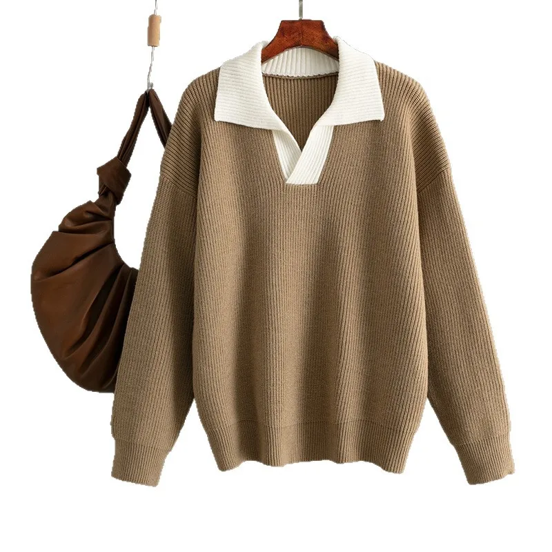 Polo Kragen Herbst Winter Pullover Pullover Kontrast Farbe Lose Dicke Kaschmir Pullover Pullover Frauen Oversize-Pullover CQ159
