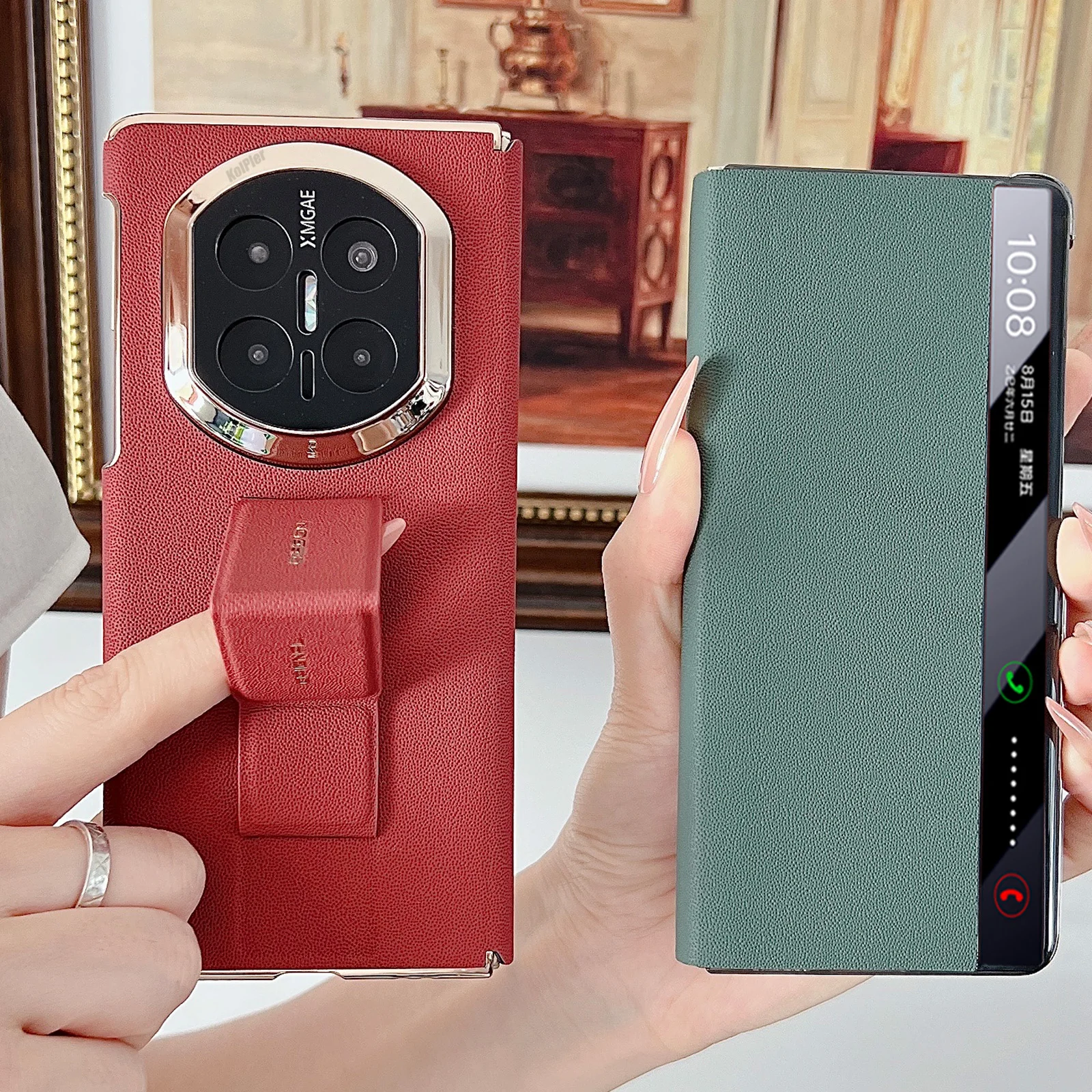 

Premium Leather Flip Case For Huawei Mate X7 Wrist Strap Smart View Window Electroplated Frame Foldable Hand Grip Stand Cover