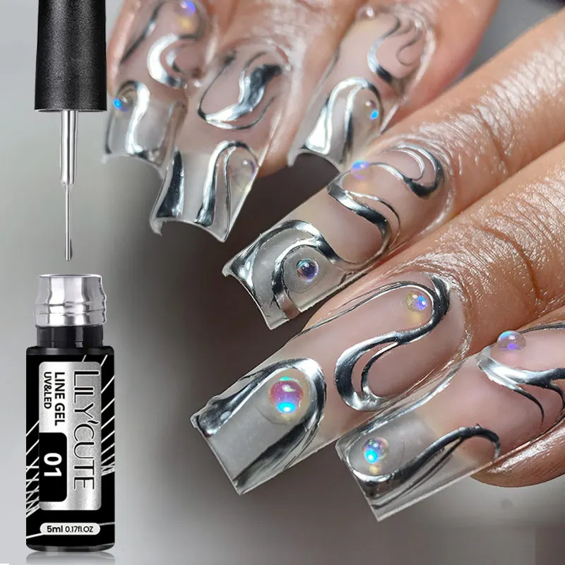 LILYCUTE 5ml Super Bright Silver Metallic Painting Liner Gel Nail Polish Drawing Stripe Graffiti Mirror Pull Line UV Gel Varnish