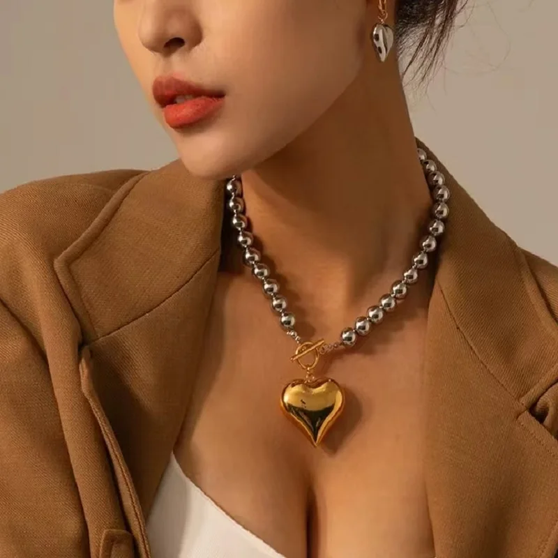 New 316L Stainless Steel Solid  Bead Chain Exaggerated Heart Shaped pendant Necklace for Women Kpop Heavy Thick Aestethic DIY