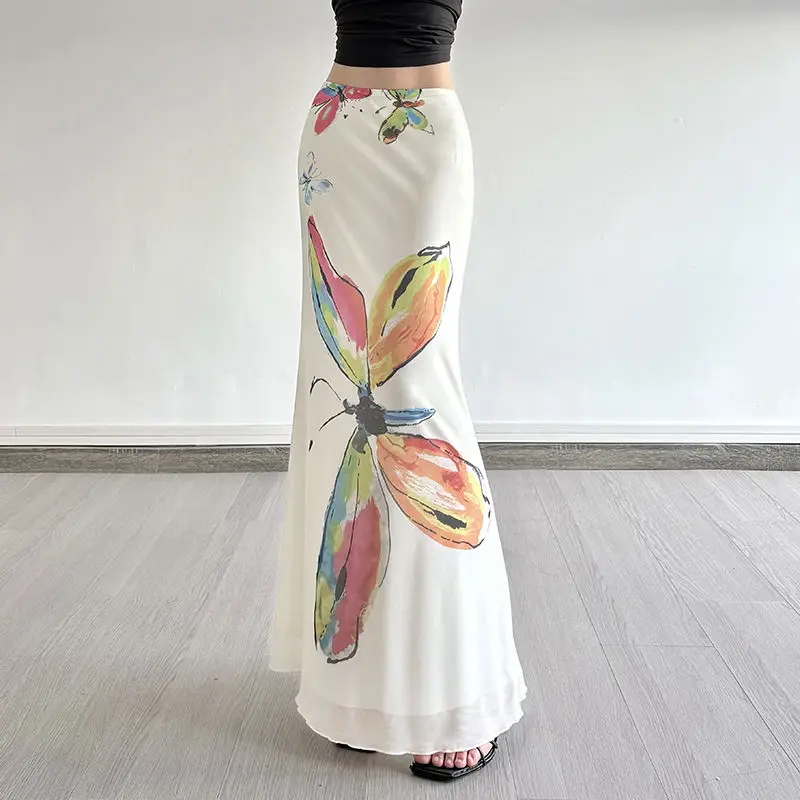 

French Elegant Butterfly Printed Mesh Women's Long ishtail Fashion Versatile Hip Bag Skirt clothes